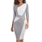 Vintage Women Patchwork Asymmetrical Collar Dress Elegant Sheath Slim Dress - Acapparelstore